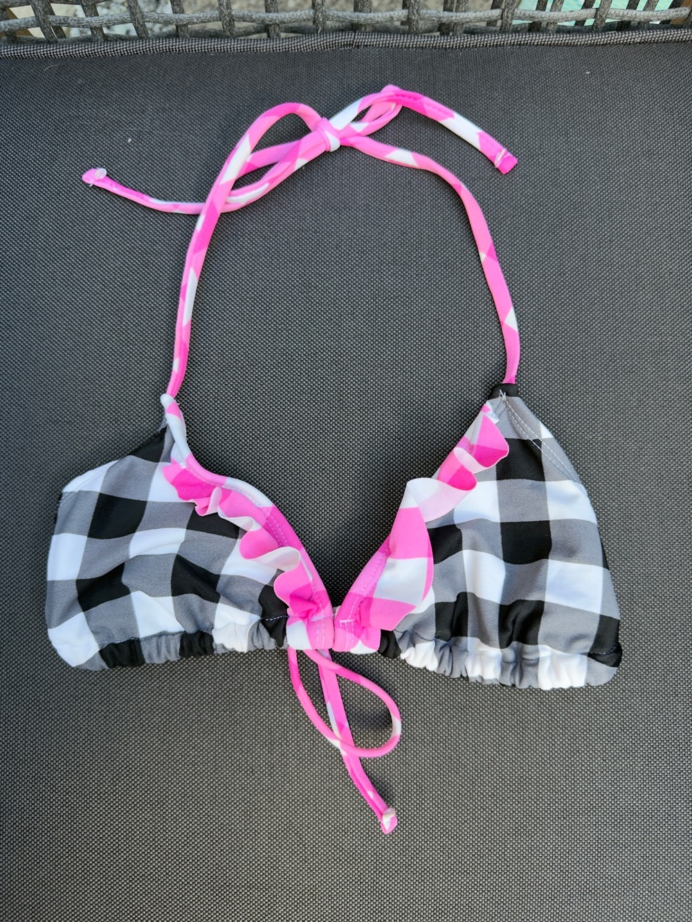 Black & White Gingham Triangle Bikini Top with Hot Pink Trim